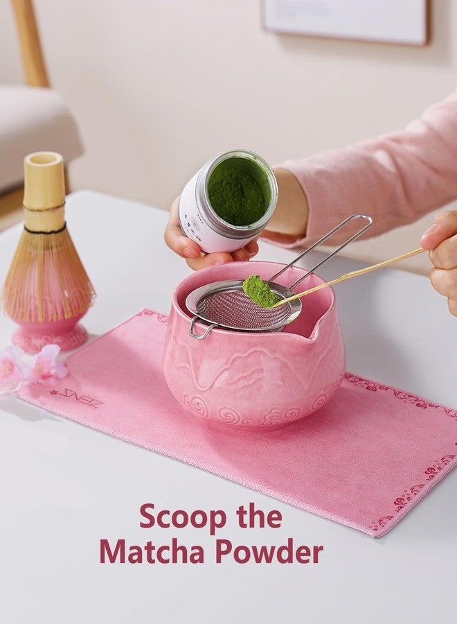 ZENS Matcha Whisk Set, 6pcs Matcha Set Pink Includes 15oz Ceramic Bowl and Bamboo Whisk (Chasen Holder) Scoop, 304 Sifter & Pink Tea Mat, Japanesse Matcha Kit for Matcha Latte-Making - Image 3