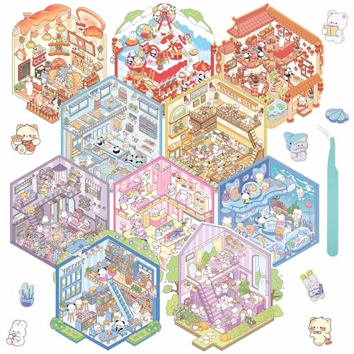 FUVLIFE 10 Sets 3D Sticker Scene Sticker Therapy DIY Kawaii 3D Stickers for Adults Build Your Own Scene Stickers Collection Cozy Room Cute Miniature House Shop Relief Stress Pass The Time - Image 1