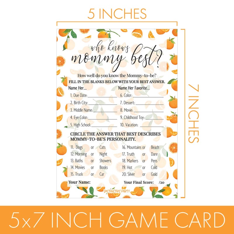 DISTINCTIVS Orange Little Cutie Baby Shower Game, Who Knows Mommy Best Game Cards - 20 Count, Little Cutie Gender Reveal Games - Image 4