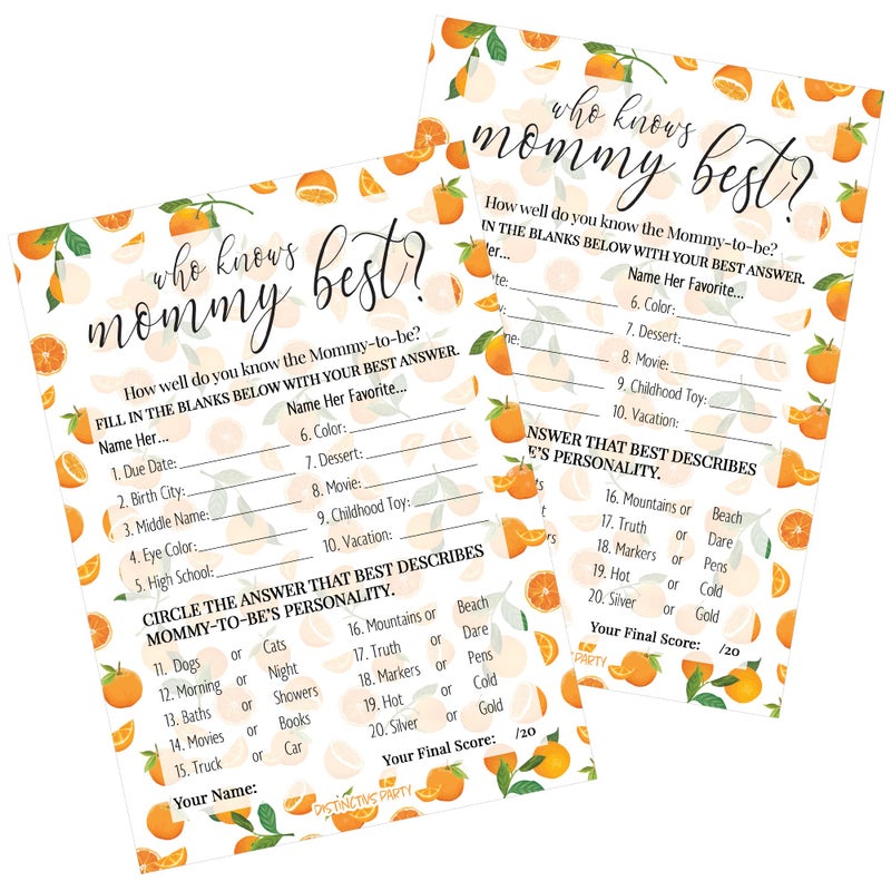 DISTINCTIVS Orange Little Cutie Baby Shower Game, Who Knows Mommy Best Game Cards - 20 Count, Little Cutie Gender Reveal Games - Image 1