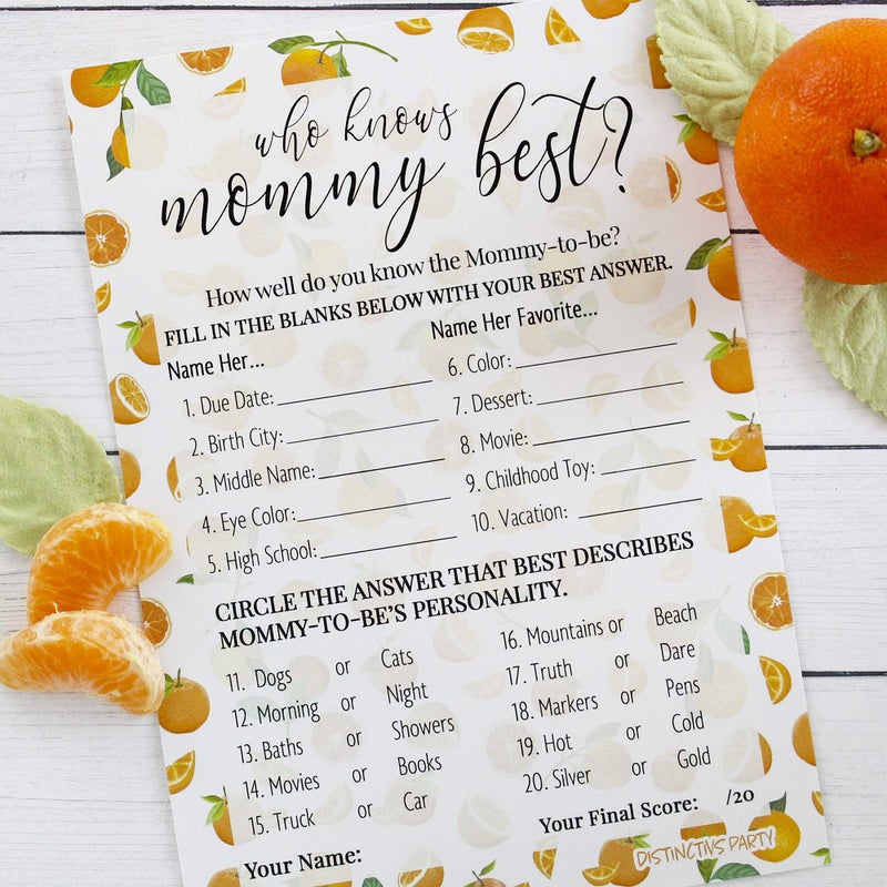 DISTINCTIVS Orange Little Cutie Baby Shower Game, Who Knows Mommy Best Game Cards - 20 Count, Little Cutie Gender Reveal Games - Image 5