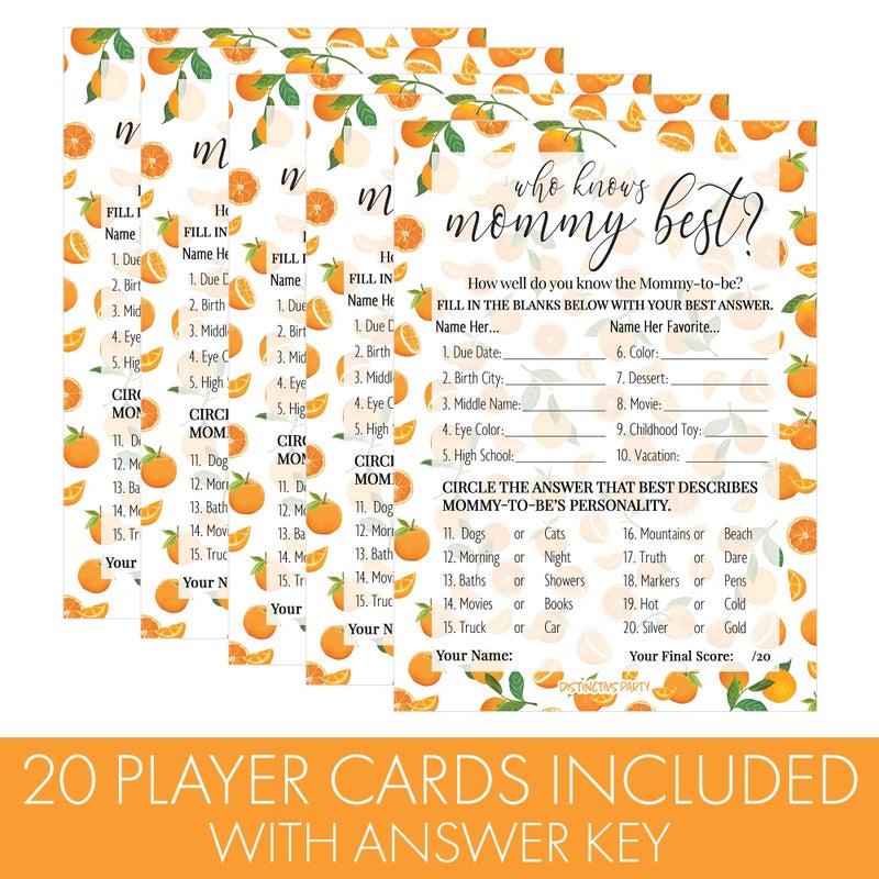 DISTINCTIVS Orange Little Cutie Baby Shower Game, Who Knows Mommy Best Game Cards - 20 Count, Little Cutie Gender Reveal Games - Image 3