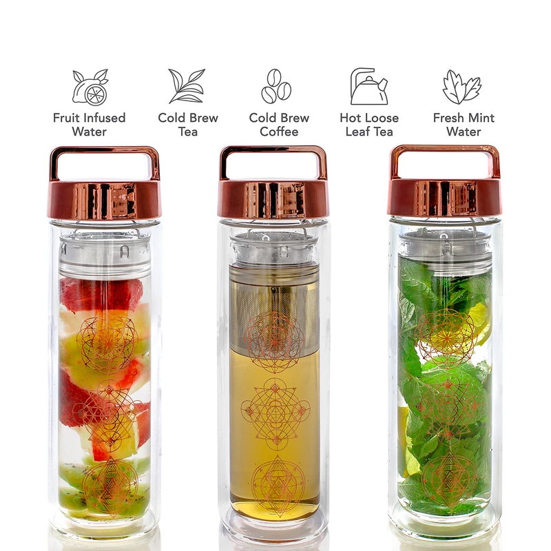 Teabloom All-Purpose Beverage Tumbler – 15 oz / 450 ml Insulated Glass Bottle – Tea, Coffee, Fruit Infused Water – All-Temperature Travel Mug – Stainless Steel Infuser Basket - Image 2