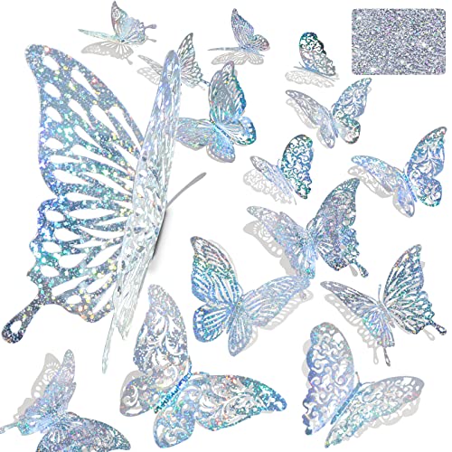 DELEMI 60 Pcs 3D Sequined Silver Butterfly Wall Decor, 5 Styles 3 Sizes,Butterfly Cake Birthday Party Baby Shower Decorations Iridescent,Metallic Room Mural Wall Stickers (Sequined Silver) - Image 1