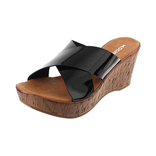 Mochi Women's Black and Black Faux Leather Fashion Wedge Sandals UK/3 EU/36 (34-9884) - Image 1
