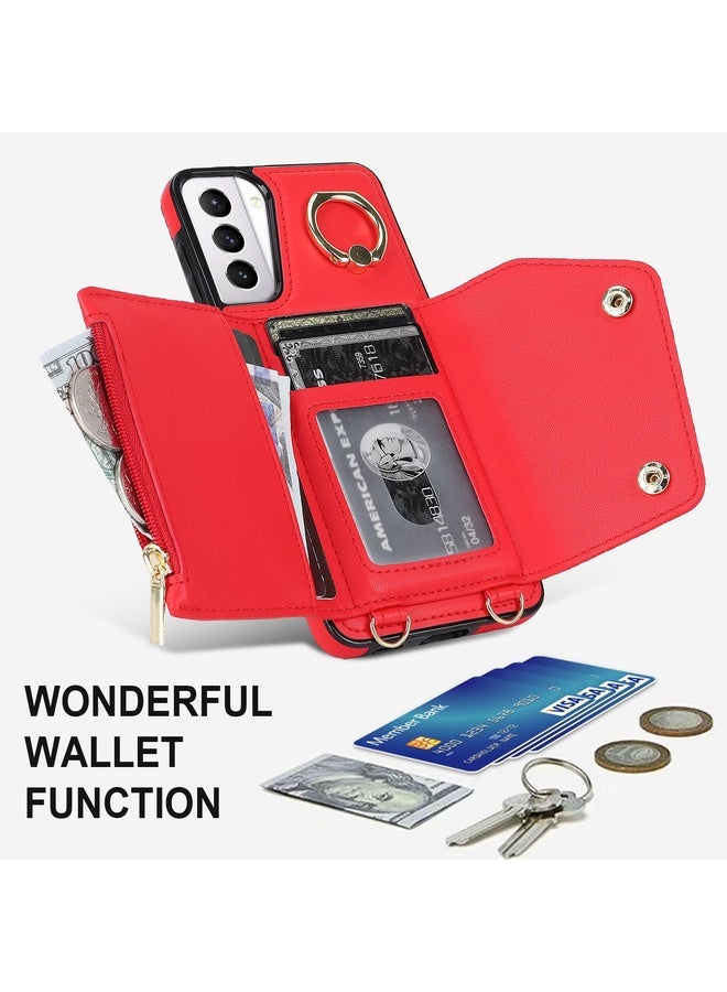 Case Cover For Samsung Galaxy S21+ 5G Zipper Card Bag Phone Case with Dual Lanyard(Red)