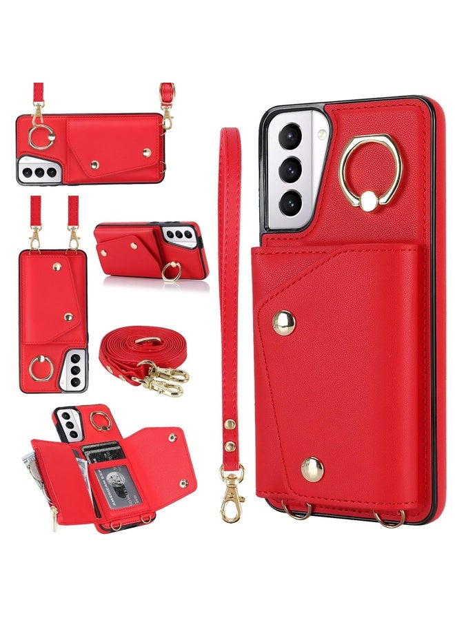 Case Cover For Samsung Galaxy S21+ 5G Zipper Card Bag Phone Case with Dual Lanyard(Red)