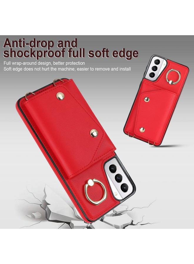 Case Cover For Samsung Galaxy S21+ 5G Zipper Card Bag Phone Case with Dual Lanyard(Red)