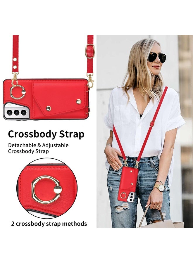 Case Cover For Samsung Galaxy S21+ 5G Zipper Card Bag Phone Case with Dual Lanyard(Red)