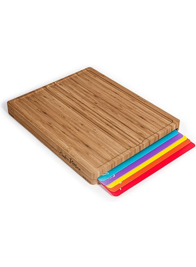 Cooler Kitchen Bamboo Wood Cutting Board Set, Bamboo with 6 Color Coded Flexible Plastic Chopping Mats with Food Icons, Wooden Cutting Boards For Kitchen, Wooden Chopping Board Set Non Toxic Dishwasher Safe - Image 1