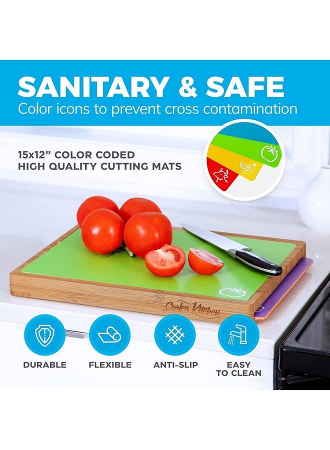 Cooler Kitchen Bamboo Wood Cutting Board Set, Bamboo with 6 Color Coded Flexible Plastic Chopping Mats with Food Icons, Wooden Cutting Boards For Kitchen, Wooden Chopping Board Set Non Toxic Dishwasher Safe - Image 2