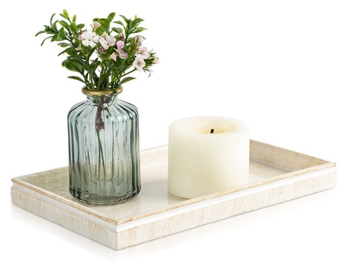 RUSTIC LUXE DECORATIVE COFFEE TABLE TRAY DECOR TRAY FOR HOME DECOR WORKS AS A PERFUME AND BATHROOM COUNTER ORGANIZER OTTOMAN TRAY OR TABLE CENTERPIECES FOR DINING ROOM 10LX6WX1H