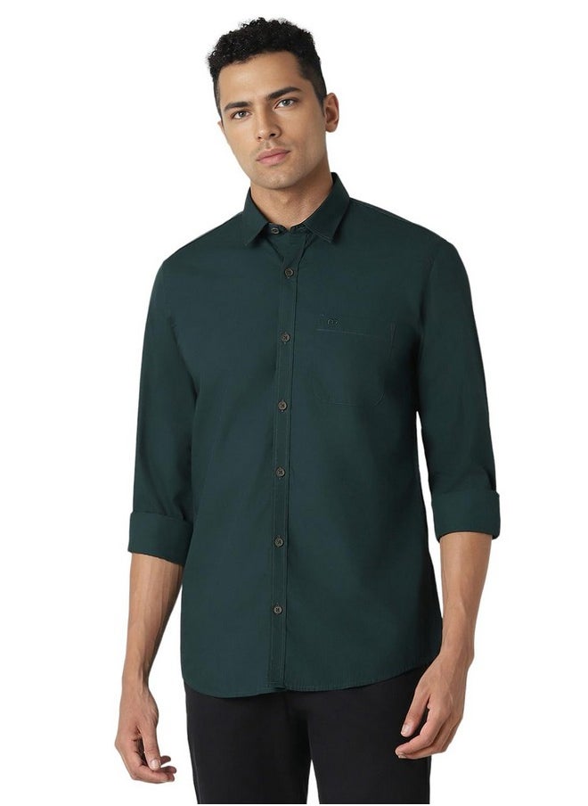 Peter England Peter England Men's Solid Slim Fit Shirt (PCSFSSLB440046_Dark Green  - Image 1