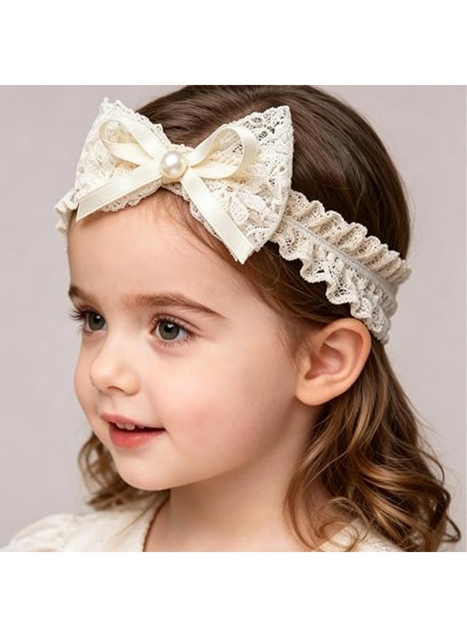 YJ Baby bow and floral headband, lace headband, hair accessory, elastic handmade hair accessory, suitable for baby girls, newborns, toddlers, children (off-white) - Image 2
