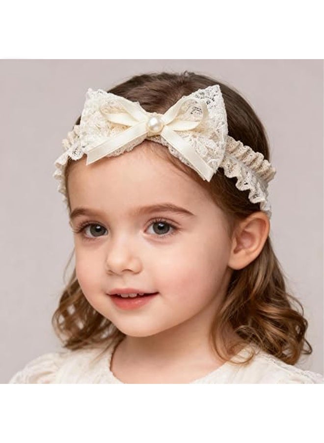YJ Baby bow and floral headband, lace headband, hair accessory, elastic handmade hair accessory, suitable for baby girls, newborns, toddlers, children (off-white) - Image 5