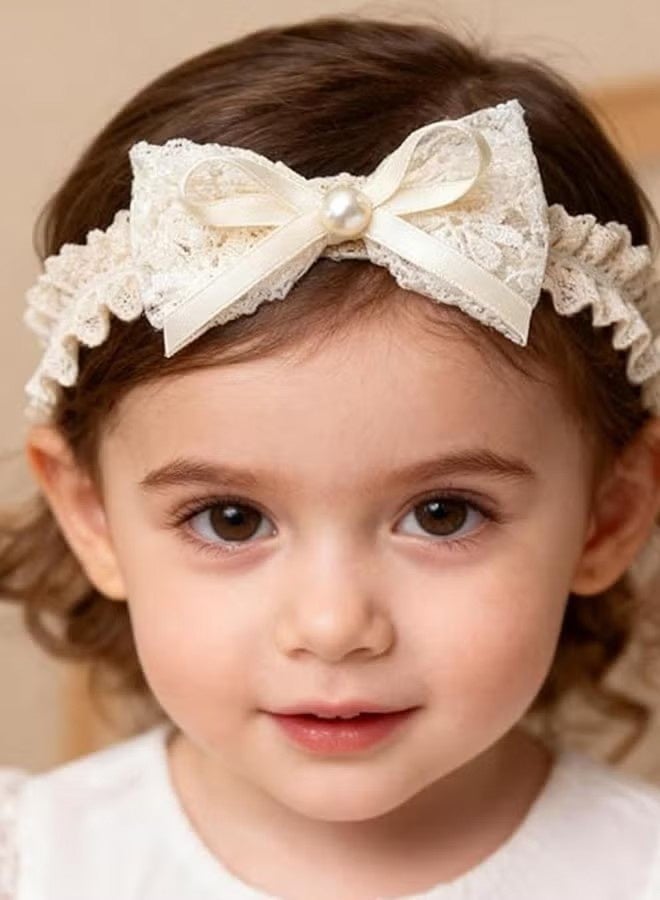YJ Baby bow and floral headband, lace headband, hair accessory, elastic handmade hair accessory, suitable for baby girls, newborns, toddlers, children (off-white) - Image 1