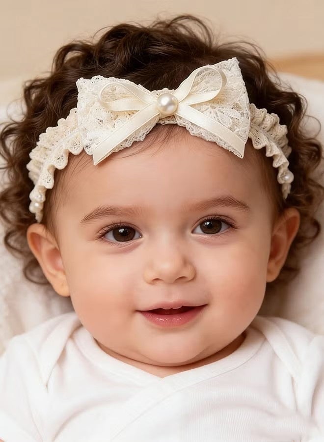 YJ Baby bow and floral headband, lace headband, hair accessory, elastic handmade hair accessory, suitable for baby girls, newborns, toddlers, children (off-white) - Image 4