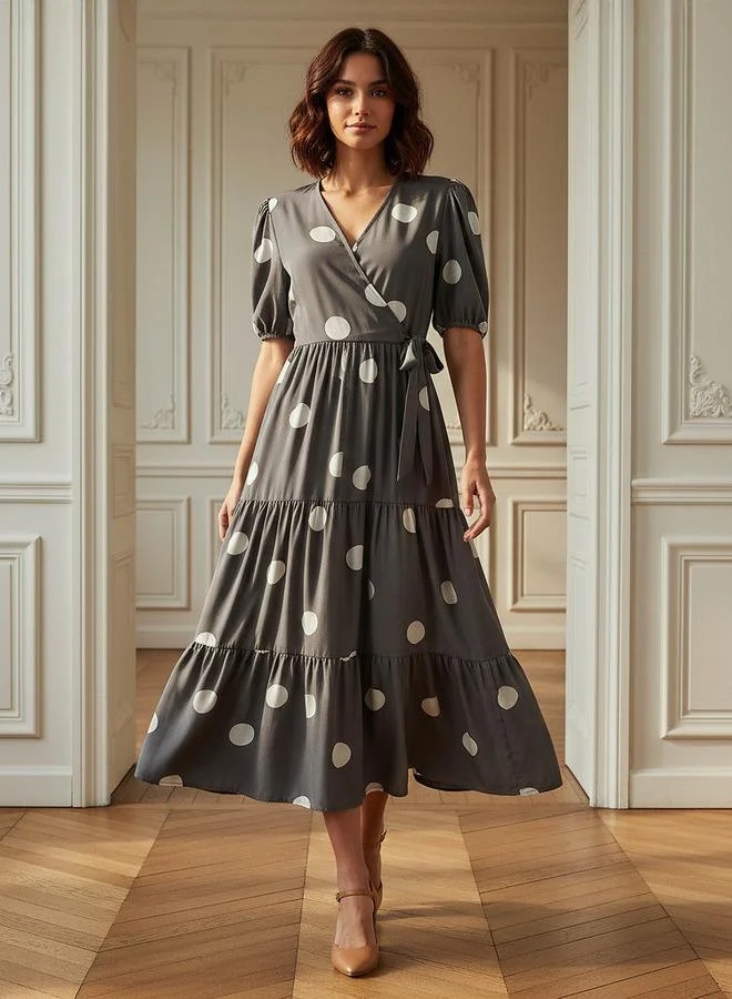 Splash FAV Polka Dot Print Midi Tiered Dress with Short Sleeves and Tie-Up Detail