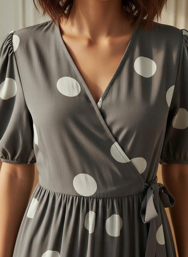 Splash FAV Polka Dot Print Midi Tiered Dress with Short Sleeves and Tie-Up Detail - Image 4