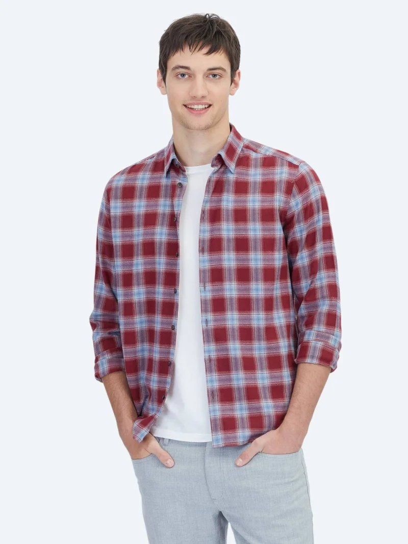 Kip Burgundy Regular Fit Long Weaving Casual 100% Cotton Shirt