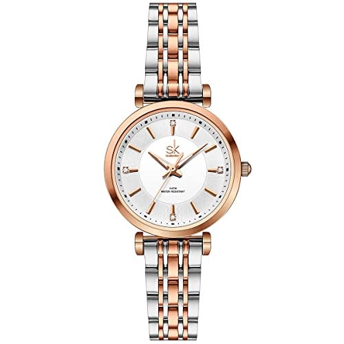 SHENGKE SK Classic Women Watches Fashion Ladies Dress Watch Solid Stainless Steel Band(Silver-Rosegold) - Image 1