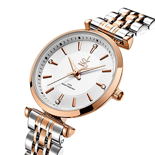 SHENGKE SK Classic Women Watches Fashion Ladies Dress Watch Solid Stainless Steel Band(Silver-Rosegold) - Image 2
