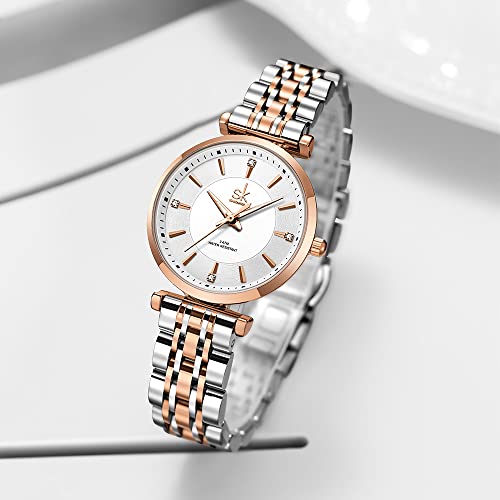 SHENGKE SK Classic Women Watches Fashion Ladies Dress Watch Solid Stainless Steel Band(Silver-Rosegold) - Image 3