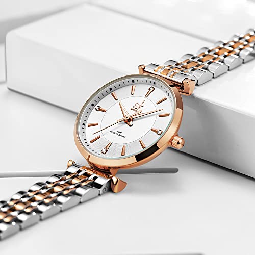 SHENGKE SK Classic Women Watches Fashion Ladies Dress Watch Solid Stainless Steel Band(Silver-Rosegold) - Image 4