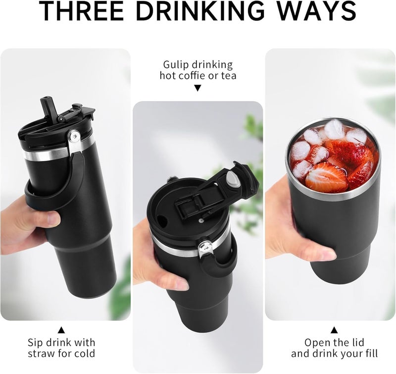 Vasukie 900ML Stainless Steel Tumbler with Straw and Top Handle, Leakproof Sipper Water Bottle, Dual Flip Lid for Office, Gym, Water, Coffee, Tea and Cold Drinks (Royal Blue) - Image 3