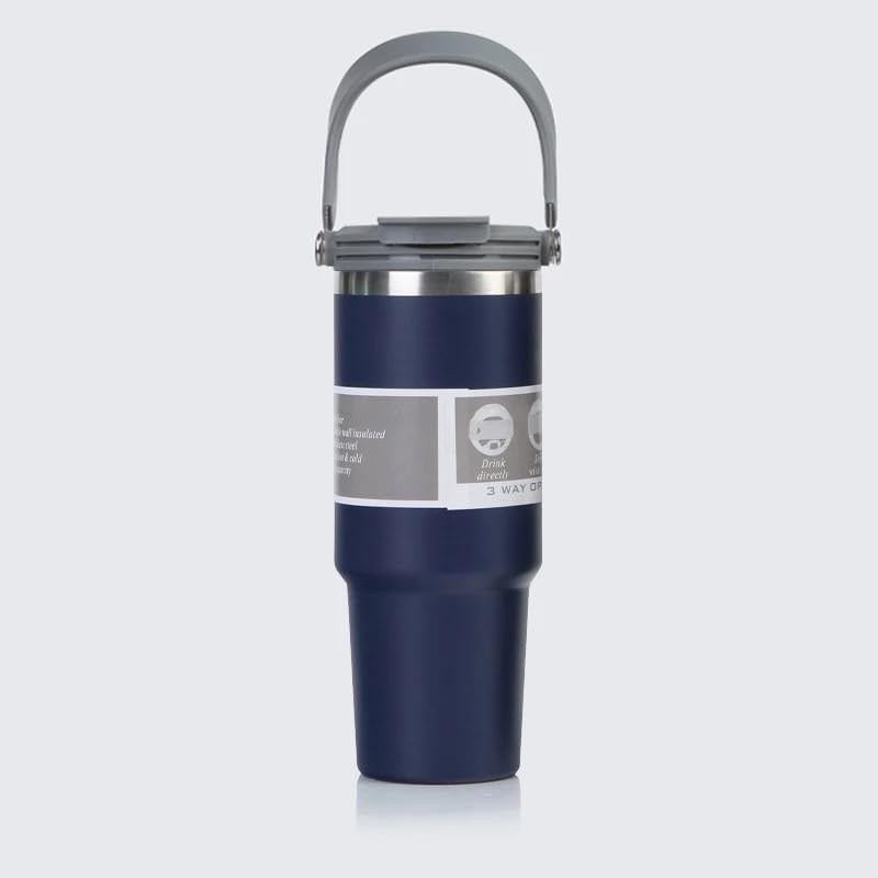 Vasukie 900ML Stainless Steel Tumbler with Straw and Top Handle, Leakproof Sipper Water Bottle, Dual Flip Lid for Office, Gym, Water, Coffee, Tea and Cold Drinks (Royal Blue) - Image 1