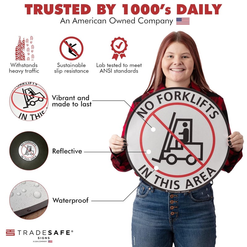 TRADESAFE No Forklifts In This Area Anti-Slip Floor Sticker - Forklift Decal Floor Sign, Peel and Stick Adhesive Vinyl Sign, ANSI-Compliant, 17” Diameter Round Sticker - Image 2