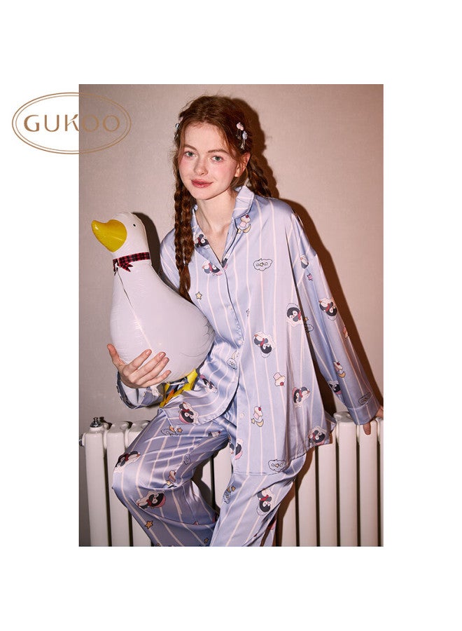 Gukoo Women's Spring And Autumn Penguin Print New Striped Ice Silk Ladies' Home Wear Set Blue M - Image 5