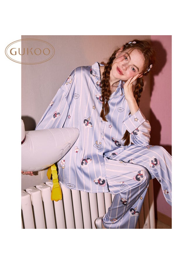 Gukoo Women's Spring And Autumn Penguin Print New Striped Ice Silk Ladies' Home Wear Set Blue M - Image 1