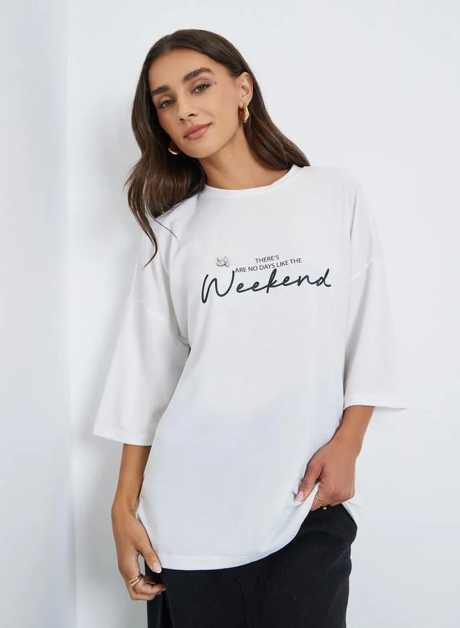 Styli White Slogan Print T-Shirt with 3/4 Sleeve