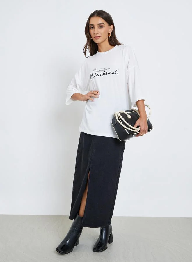 Styli White Slogan Print T-Shirt with 3/4 Sleeve