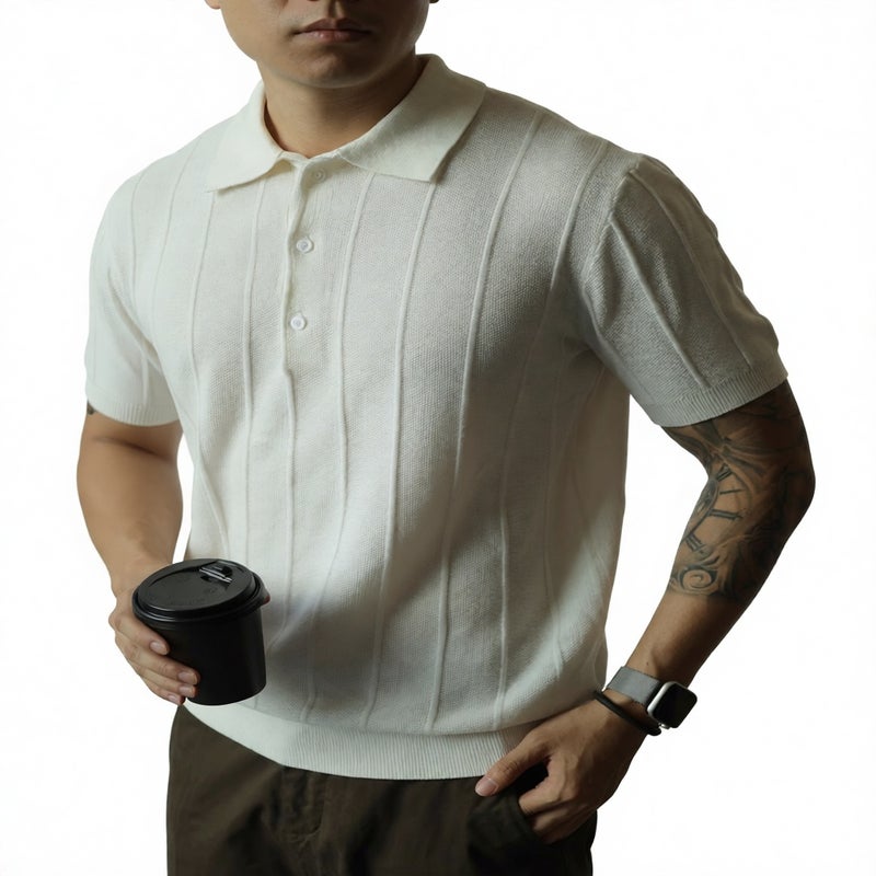 Mens Jacquard Knit Polo Shirt Short Sleeve Casual Retro Top