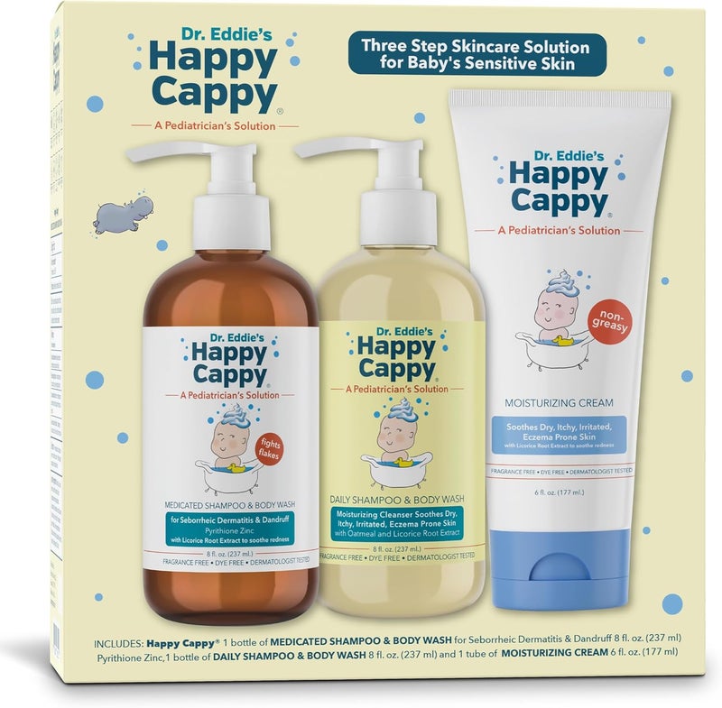 Happy Cappy Happy Cappy Three Step Skincare Solution Bundle- Baby Dandruff Shampoo, Eczema Body Wash and Lotion for Kids, Toddler, Adults, Moisturizing Cream, Reduces Itching, Dermatologist Tested, Fragrance-Free