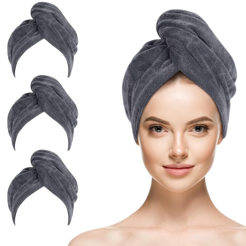 Sinland Microfiber Hair Drying Cap Hair Towel Turban Twist for Women Fast Drying Towels Head Turban Absorbent Soft Lightweight 3 Pack Grey - Image 1