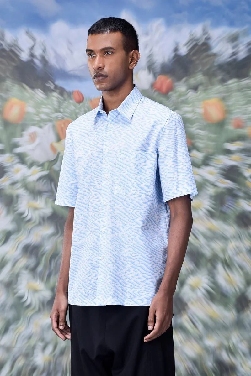 Genes Lecoanet Hemant Labyrinth Cotton Regular Fit Shirt- Light Blue