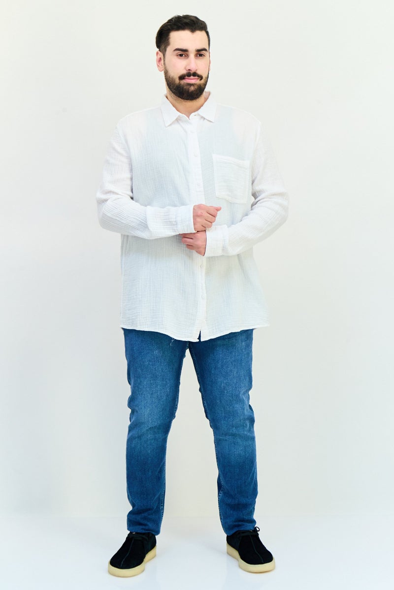 Celio Men Regular Fit Plain Long Sleeve Casual Shirts, White - Image 4