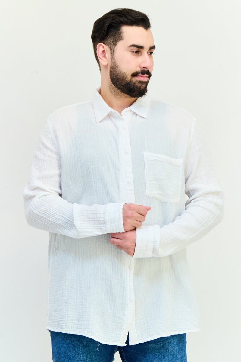 Celio Men Regular Fit Plain Long Sleeve Casual Shirts, White - Image 1