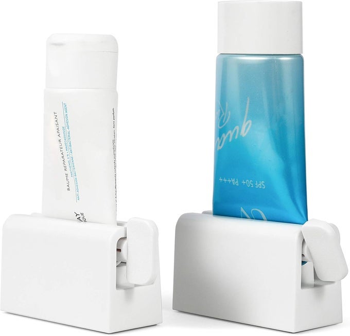 2PCS TOOTHPASTE TUBE SQUEEZER PLUS WITH LONG SIZE 28IN PREMIUM ABS PLASTIC SILICONE PAD TOOTHPASTE SQUEEZER ROLLERS EVEN TUBE COSMETICS TUBE KETCHUP ETC