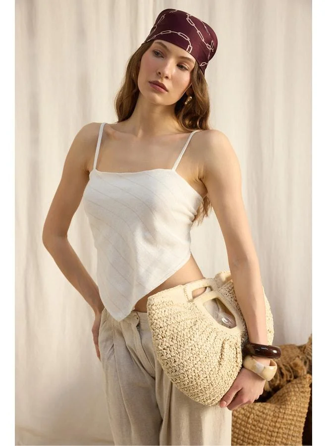 Bohemai  Kita Triangle Detail Striped Ecru Linen Crop for Women | Best Price UAE
