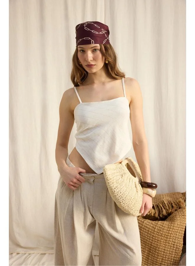 Kita Triangle Detail Striped Ecru Linen Crop