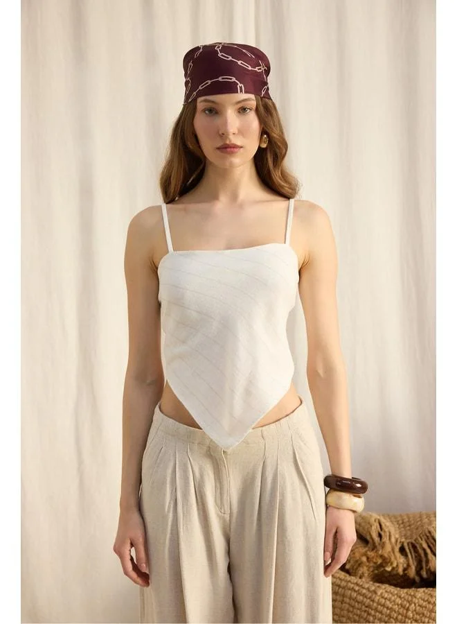 Bohemai  Kita Triangle Detail Striped Ecru Linen Crop for Women | Best Price UAE