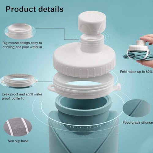 Oligitdi Folding Silicone Water Bottle Sports Water Bottle Outdoor Travel Portable Water Cup Running Riding Camping Hiking Kettle - 600 Ml - Blue - Image 5