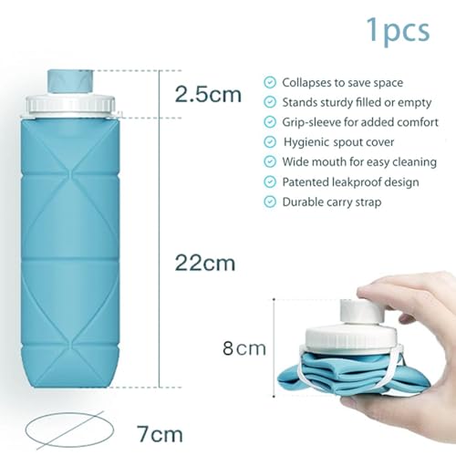 Oligitdi Folding Silicone Water Bottle Sports Water Bottle Outdoor Travel Portable Water Cup Running Riding Camping Hiking Kettle - 600 Ml - Blue - Image 2