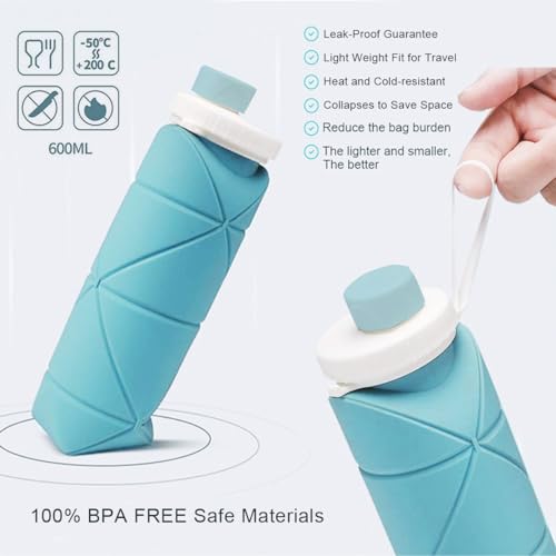 Oligitdi Folding Silicone Water Bottle Sports Water Bottle Outdoor Travel Portable Water Cup Running Riding Camping Hiking Kettle - 600 Ml - Blue - Image 3