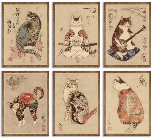 NBYARTQ 6Pcs Japanese Samurai Cat Wall Art Prints of Posters Japan Bushido Decor Kung Fu Paintings Tattoo Funny Fantasy Photo Picture Canvas Poster Painting for Living Room Print Bedroom Home Artwork - Image 1