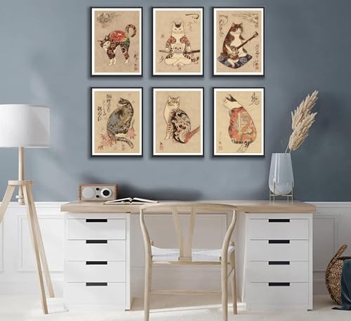 NBYARTQ 6Pcs Japanese Samurai Cat Wall Art Prints of Posters Japan Bushido Decor Kung Fu Paintings Tattoo Funny Fantasy Photo Picture Canvas Poster Painting for Living Room Print Bedroom Home Artwork - Image 3